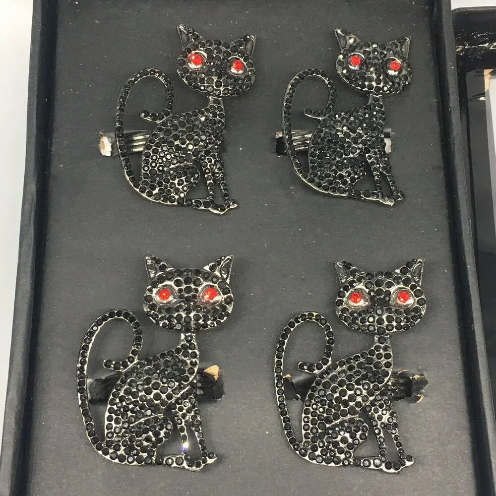 Tahari Halloween Napkin Rings Black Cat Red Eye Rhinestone Set of 4 Spooky